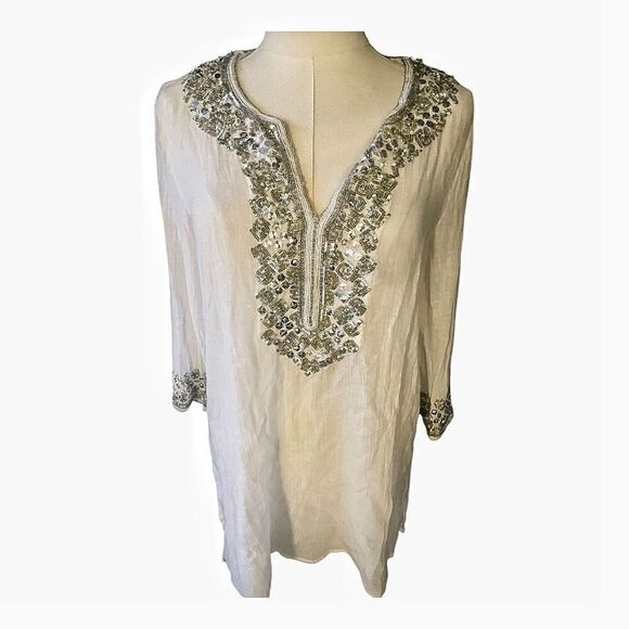 Calypso St. Barth White Sequin Coquette Festival Blouse Size Small - Picture 2 of 6